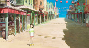 [Chihiro i den underliga staden.]
